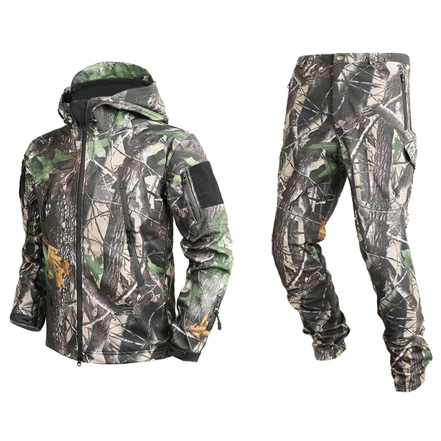 Custom Outdoor Hunting Clothes Tree Camouflage Softshell Fleece Jacket and Pants Waterproof Hunting Suit Hunting Clothes Sets