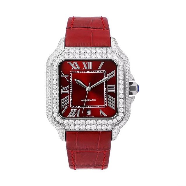 Men's MIYOTA Automatic Watch Square Case Open Heart Skeleton Transparent Moissanite Case White Leather Strap