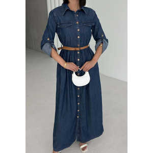 เดรสเชิ้ตยีนส์ทรงยาวดีไซน์หรูหรา พร้อมปกเสื้อพับลงและดีไซน์ผ่าข้างสำหรับผู้หญิง - Product Image 3