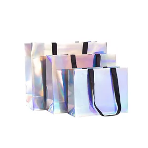 Durable Thick Holographic Silver Coating Wedding Party Gift Bags with Premium Handles