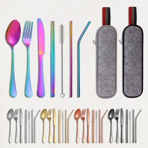 Juego de Cubiertos de Viaje de Acero Inoxidable con Logotipo Personalizado, Juego de Utensilios para Acampar con Cuchara, Tenedor, Palillos, Pajita y Estuche Portátil - Product Image 1