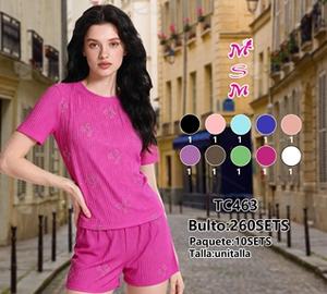 TC463 Completo da donna 2 pezzi con pantaloncini, in maglia a costine, girocollo, manica corta, tinta unita, traspirante, casual, primavera estate, vestibilità regolare - Product Image 3