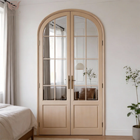 Porte d'entrée principale de villa de luxe DEMEA, en chêne massif avec panneau en verre trempé, porte française moderne à double battant cintrée pour appartement et hôtel