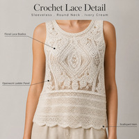 Gilet en dentelle crochetée sans manches pour femme, col rond ajouré floral, personnalisé OEM ODM, vente en gros, tenue décontractée pour le quotidien