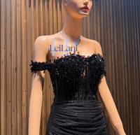 Robe élégante noire à épaules dénudées pour femme - Robe de bal sirène de luxe avec corsage perlé en provenance du Vietnam