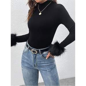 Top de punto acanalado de manga larga con cuello simulado, suave y ajustado, para mujer, estilo casual - Product Image 3