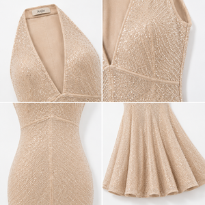 Robe longue sirène Anjie OEM ODM pour femme, couleur champagne, à paillettes, col halter, coupe sirène, personnalisable, marque privée, décolleté plongeant en V, style godet, queue de poisson - Product Image 2