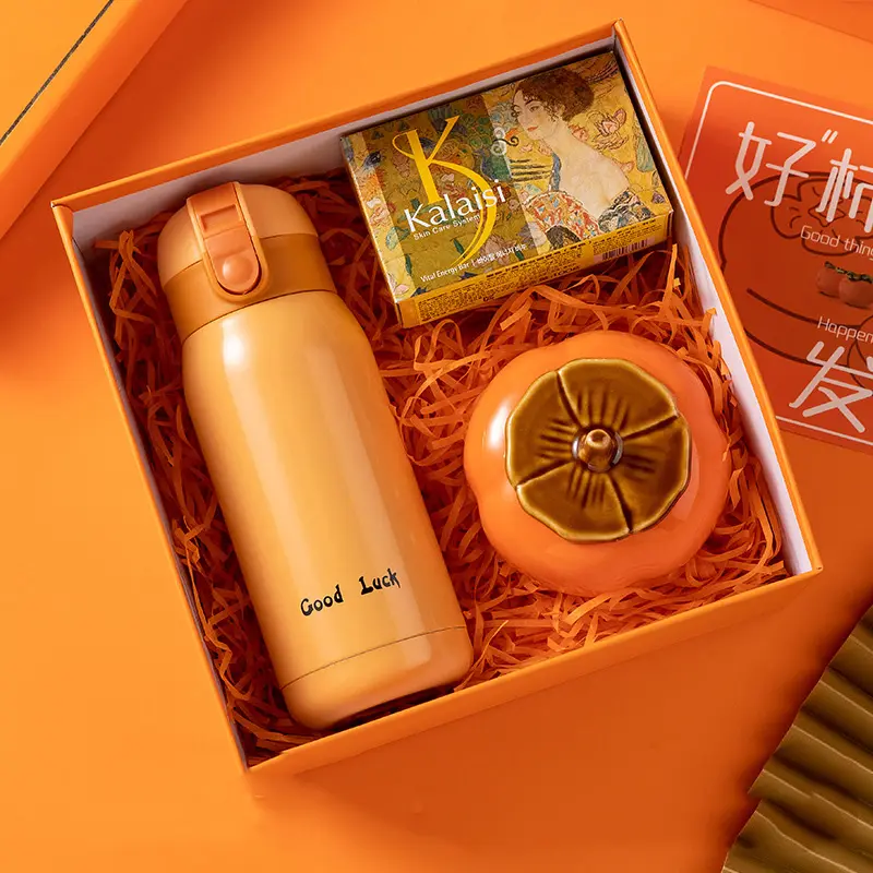 2024 Luxe Cadeaus Artikelen Oranje Thermos Notebook Houten Pen Bloem Cadeau Sets Voor Vrouwen Promotionele Multifunctionele Relatiegeschenken