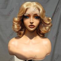 Perruque KEMY HAIR Blonde à Dentelle HD Frontale 250% de Densité, Boucles Fleurs Élastiques, Cheveux Humains Indiens Bruts pour Femmes Noires, Double Tissage Bob