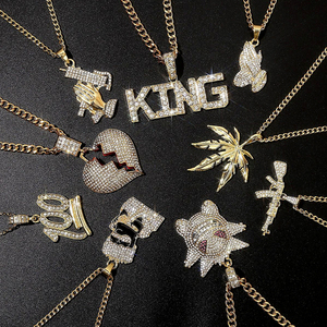 Collana Hip Hop <span class=keywords><strong>Rock</strong></span> Punk Placcata Oro con Catena Cubana, Diamanti, Dollaro, Boss, Regina, Croce, Pistola, Cuore, Re, Leone, per Donna e Uomo - Product Image 1