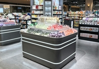 Table de présentation de marchandises sur mesure pour supermarché, conception de vitrine de produits pour épicerie et commerce de détail