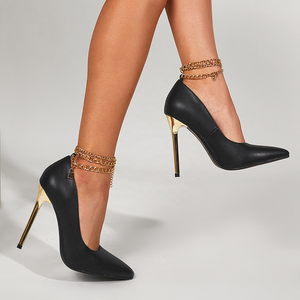 Gold Ankle Chain <b>Bridal</b> Women Wedding Dress Shoes Stilettos Shoes on Women Pumps Metal Thin High Heel - Product Image 6