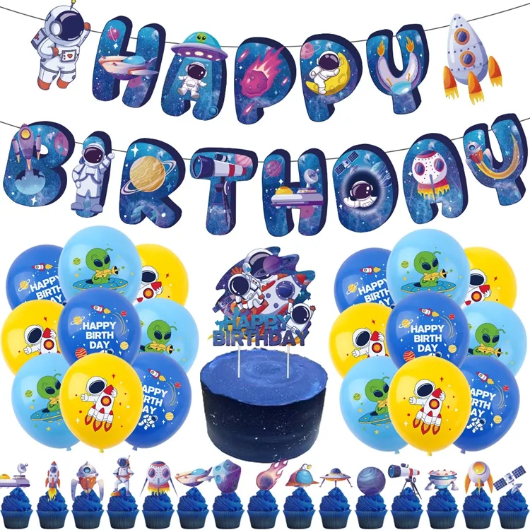 Украшения для вечеринки в стиле «Галактика на день рождения» включают в себя космический баннер на день рождения, латексные воздушные шары, топпер для торта, вставки для кексов, E3232-4