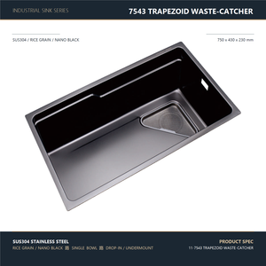 Fregadero de Cocina de un Solo Tazón 750x430mm de Acero Inoxidable 304 Negro Nano con Diseño Trapezoidal de Grano de Arroz, con Recolector de Residuos Triangular - Product Image 1