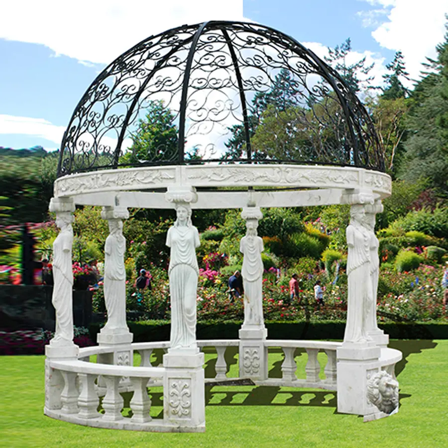 Jardim esculpido à mão em pedra romana, pérgula redonda, gazebo ocidental, pátio exterior em mármore, quintal, gazebo