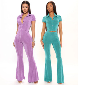 Abiti da donna Casual a maniche corte <span class=keywords><strong>con</strong></span> Top a vita alta <span class=keywords><strong>pantaloni</strong></span> svasati da donna 2 pezzi completi da due pezzi - Product Image 1