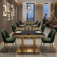 Table de salle à manger de luxe en pierre frittée avec bord et pieds métalliques, facile à nettoyer, durable, idéale pour les buffets et restaurants occidentaux