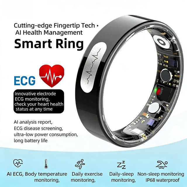 Smart Ring Health Tracker App Control for Android IOS Heart Rate Blood Oxygen Sleep Temperature Trends IP68 Waterproof