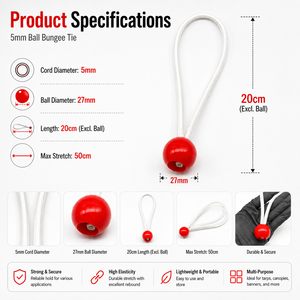 5mm Ball Bungee Tie Cord 27mm Plastic Ball 20cm Elastic Loop for Tarp <b>Tent</b> <b>Canopy</b> Banner Outdoor Use - Product Image 1