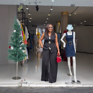 <span class=keywords><strong>Ensemble</strong></span> deux pièces décontracté pour <span class=keywords><strong>femme</strong></span>, style transfrontalier Europe-Amérique, nouveau style africain, avec pantalon et débardeur sans manches à col nœud et laçage - Product Image 2