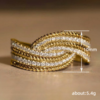 Kadınlar için Kübik Zirkonya Çapraz Yüzük, 10mm, Altın Kaplama Pirinç Pave Halat Bant, Altın