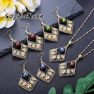 Cring Coco 2021 Earrings Necklace Set Hawaiian Polynesian Samoa Gold Color  Pearl Pendant Necklace Jewelry Set for Women Girls