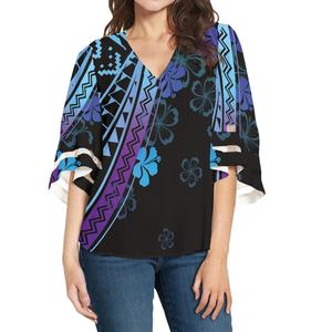 Hawaii fleurs et <span class=keywords><strong>tortue</strong></span> Design polynésien Tribal <span class=keywords><strong>tatouage</strong></span> imprimé Blouses mignon surdimensionné col en v femmes Blouses t-shirts pour femmes - Product Image 5