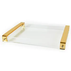 Clear acrylic plastic serving tray custom lucite decorative coffee table tray with gold lucite handle