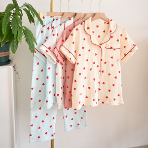 SUHE PJ-1469 Sweet Heart Digital Printed Front Pajamas Women Short Sleeve Long <b>Pants</b> Pure Cotton Thin Summer Loungewear Home - Product Image 2