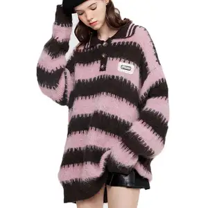 숙녀 스웨터 패션 사용자 정의 색상 블록 스트라이프 버튼 폴로 넥 느슨한 여성 니트웨어 흑백 스트라이프 레이디 스웨터
