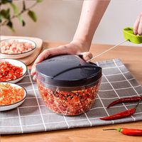 Handmatige knoflookhakker met trekkoord, roestvrijstalen messen, transparante kom, draagbare keukenhulp voor knoflook, chili en gember