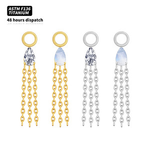Pendientes de <span class=keywords><strong>Titanio</strong></span> ASTM F136 con Cadena de Piedra Lunar y Circonita Cúbica, Dije de Borla, Joyería para Perforación de Oreja, Aro Colgante, Huggie para Lóbulo de la Oreja - Product Image 1