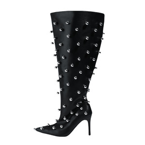 Women Metal Studs Denim <b>Shoes</b> High Heels Pointed Toe Stiletto Knee High Boots Top Wide Pleated Upper Long Booties - Product Image 6