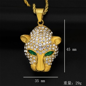 Hiphop Green Eye <b>Crystal</b> Leopard <b>Animal</b> Head Stainless Steel Gold Plated Pendant Necklace - Product Image 2