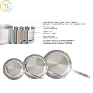 OEM Pabrik 3 Buah Inti Tembaga Induksi Wajan Stainless Steel Set untuk Memasak Rumah Panci dan Wajan