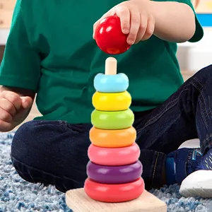 Commiki Non-Toxic Stacking Rings Toy Wooden Rainbow Stacker Toddler Learning Toys For 18 Months 2 Year Old Baby Developmental To