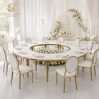 Table Serpentine de Luxe en Acier Inoxydable Doré en Forme de S pour Événements, Banquets, Mariages, Fêtes, Table Ronde avec Plateau en MDF/Verre Blanc