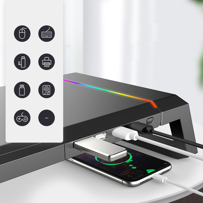 Laptop Stand Shelf with 4 USB 2.0 with RGB Lights Foldable Computer Screen Riser with Drawer Phone Holder Monitor Stand