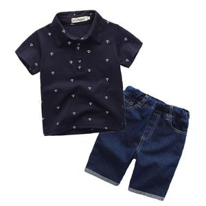 Ensembles de vêtements d'été pour enfants en gros 2019, ensembles de 2 pièces pour bébés garçons, polo à manches courtes avec short en jean, ancre de marin - Product Image 1