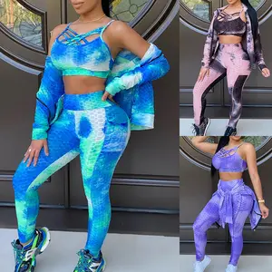New Fashion Tie Dye Bubble Printing Fitness Clothing Three Joggers Set Womens Tracksuit Custom Logo Blank Tracksuit Set