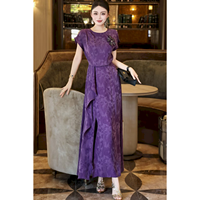 Gaun Panjang Wanita Model Siluet Swing Ramping Berbahan Jacquard Motif Bunga Berhias Manik-Manik Gaya Retro Dewasa Elegan dengan Kontrol Pinggang