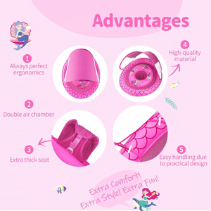 Bouée de piscine pour bébé en PVC rose à écailles de sirène avec auvent solaire amovible et siège de sécurité réglable - Product Image 4