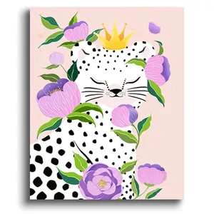 Black Spotted White Cat Crown Flowers Canvas Diy Digital Oil Painting Set For Children Toys