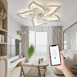 Low Profile Flush Mount Household Decorative Flower App Control Dimmable Smart Modern Led Light Ceiling Fan For Bedroom