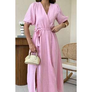 เดรสผ้าลินินสีชมพู คอวี ทรงเอ เอวธรรมชาติ ระบายอากาศได้ดี เหมาะสำหรับใส่ทุกวัน สไตล์ลำลอง ผ้าทอ - Product Image 2