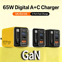 Chargeur rapide GaN 65W USB C USB A double port avec affichage numérique, adaptateur secteur pour iPhone, téléphone portable Android, adaptateur mural