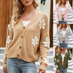 Cardigan pour femme à motif petites marguerites, décontracté, à manches longues, col en V, imprimé floral, en tricot ample, style manteau, avec boutons décoratifs - Product Image 1