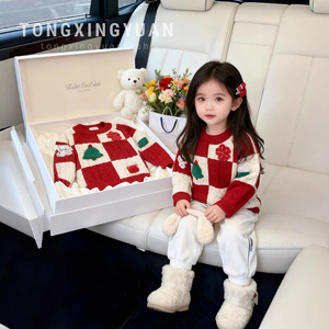 Girls Christmas Sweater Red White Checkered Thick Cotton Round Neck Winter Top - Product Image 1