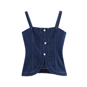 PB&ZA Donna 2026 Estate Nuova Moda Top in Denim Vintage Stile Cowboy Senza Maniche Scollo all'Americana Spalle Scoperte Canotta Chic - Product Image 2