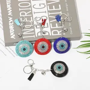 Wholesale Round Shape Keychain Bell Tassel Keychains Velvet Multi Colors Rhinestone Eye Keychain